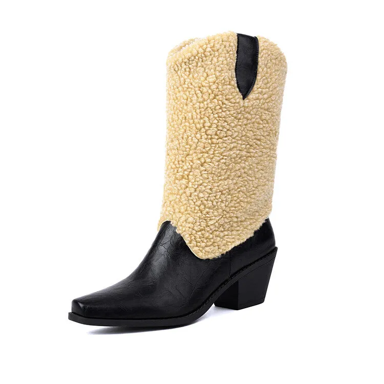 Women's Patchwork Pointed Toe Block Heel Mid Calf Western Boots
