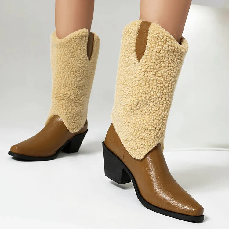 Women's Patchwork Pointed Toe Block Heel Mid Calf Western Boots