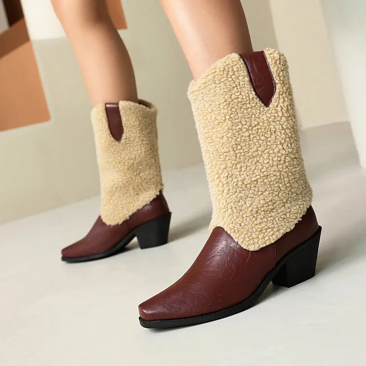Women's Patchwork Pointed Toe Block Heel Mid Calf Western Boots