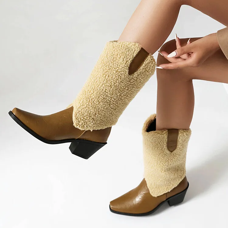 Women's Patchwork Pointed Toe Block Heel Mid Calf Western Boots