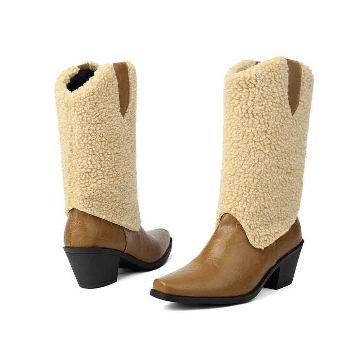 Women's Patchwork Pointed Toe Block Heel Mid Calf Western Boots