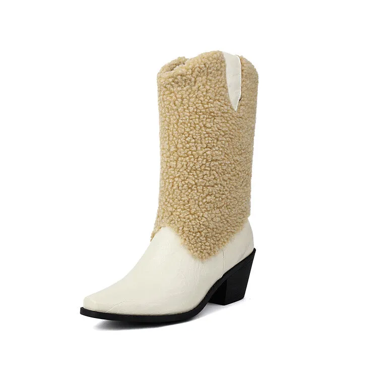 Women's Patchwork Pointed Toe Block Heel Mid Calf Western Boots