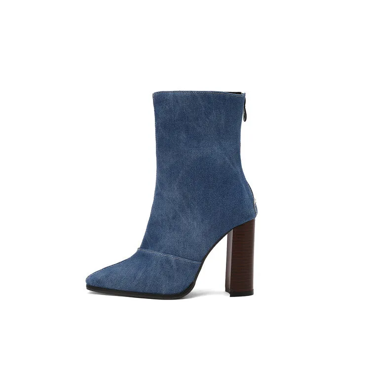 Women's Pattern Pointed Toe Square Heel Short Boots