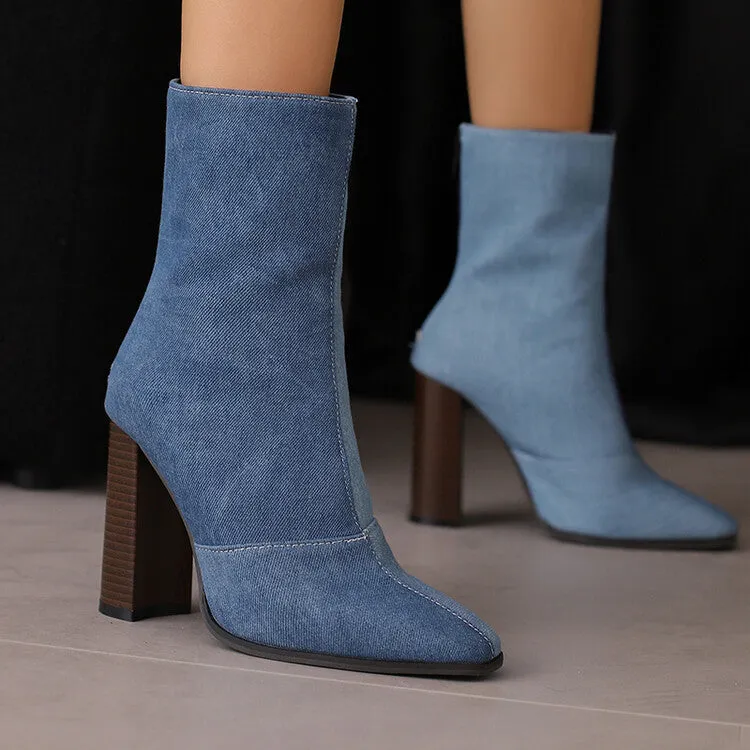Women's Pattern Pointed Toe Square Heel Short Boots