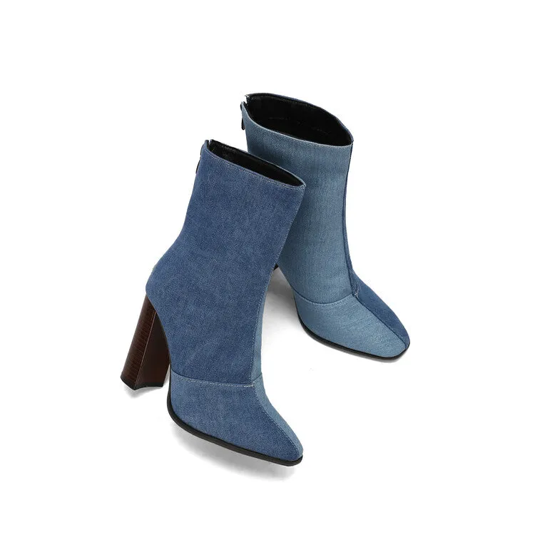 Women's Pattern Pointed Toe Square Heel Short Boots