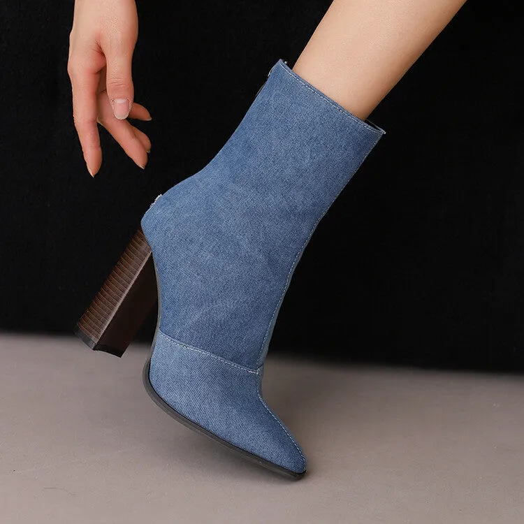 Women's Pattern Pointed Toe Square Heel Short Boots