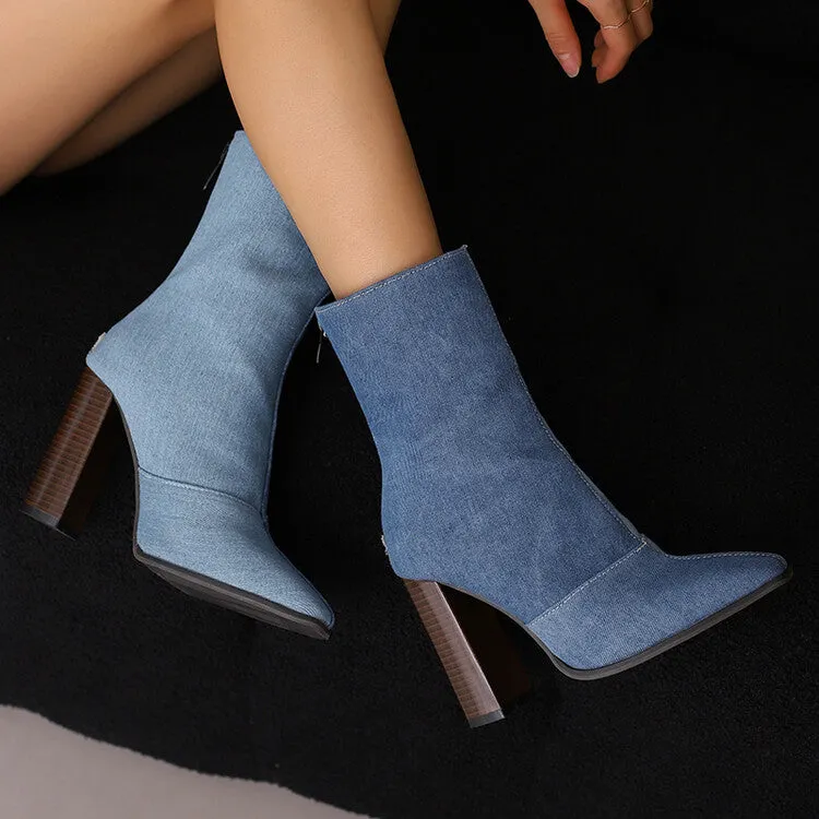 Women's Pattern Pointed Toe Square Heel Short Boots