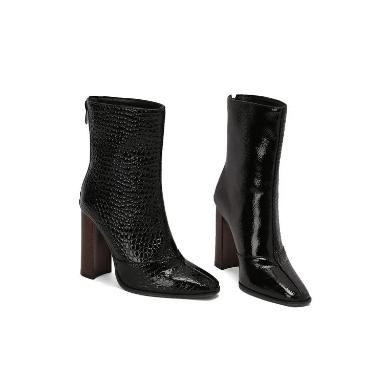 Women's Pattern Pointed Toe Square Heel Short Boots