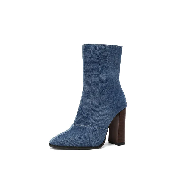 Women's Pattern Pointed Toe Square Heel Short Boots