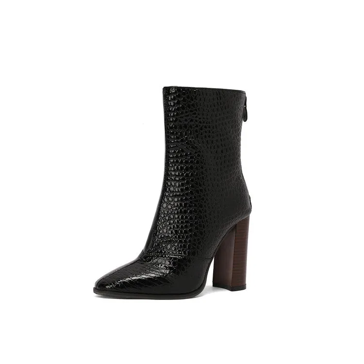 Women's Pattern Pointed Toe Square Heel Short Boots