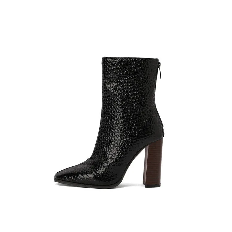 Women's Pattern Pointed Toe Square Heel Short Boots