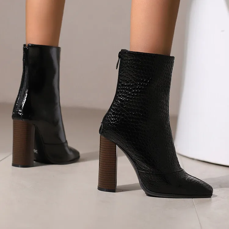 Women's Pattern Pointed Toe Square Heel Short Boots