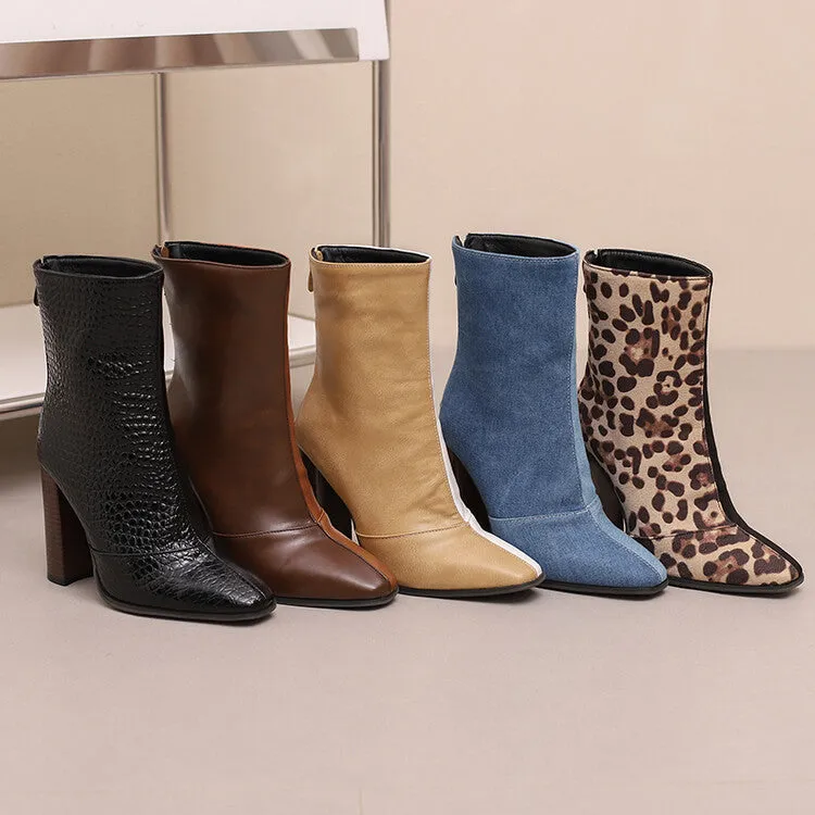Women's Pattern Pointed Toe Square Heel Short Boots