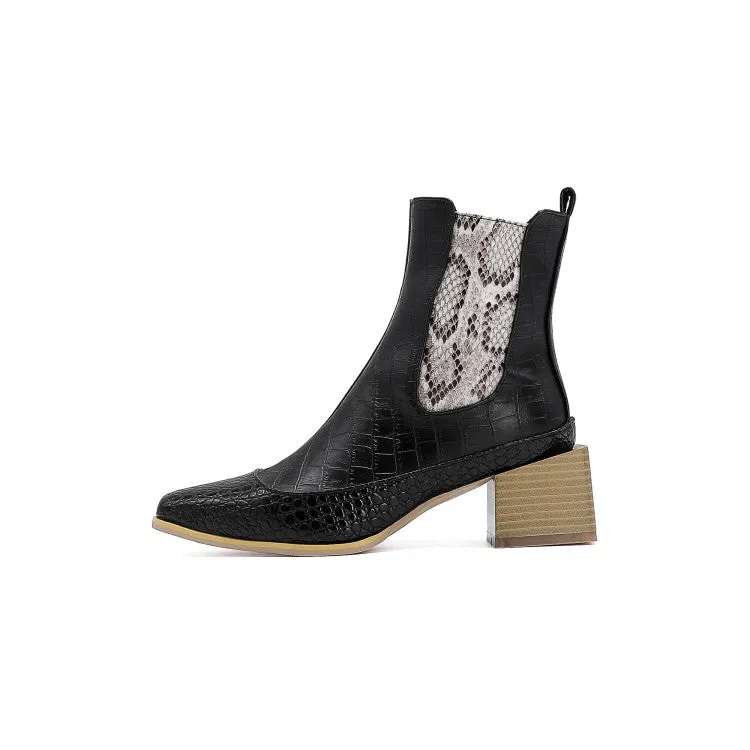 Women's Pattern Pu Leather Patchwork Pointed Toe Block Heel Short Boots