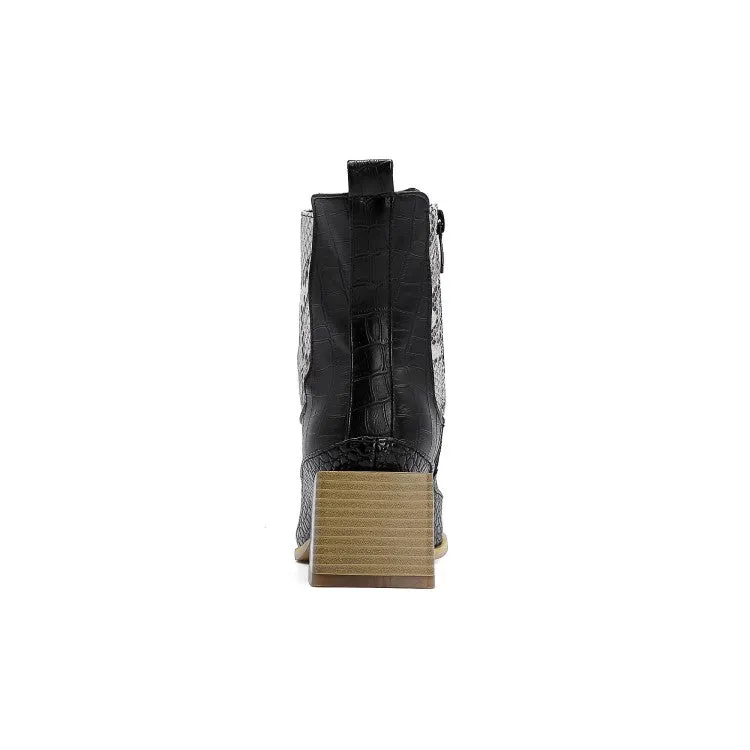 Women's Pattern Pu Leather Patchwork Pointed Toe Block Heel Short Boots