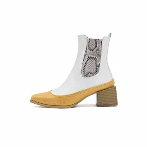 Women's Pattern Pu Leather Patchwork Pointed Toe Block Heel Short Boots