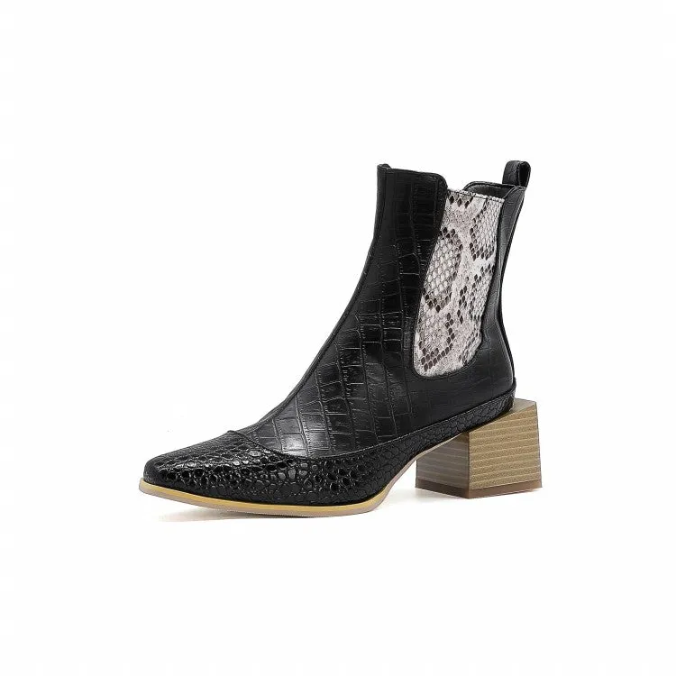 Women's Pattern Pu Leather Patchwork Pointed Toe Block Heel Short Boots