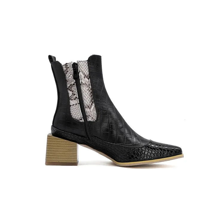 Women's Pattern Pu Leather Patchwork Pointed Toe Block Heel Short Boots