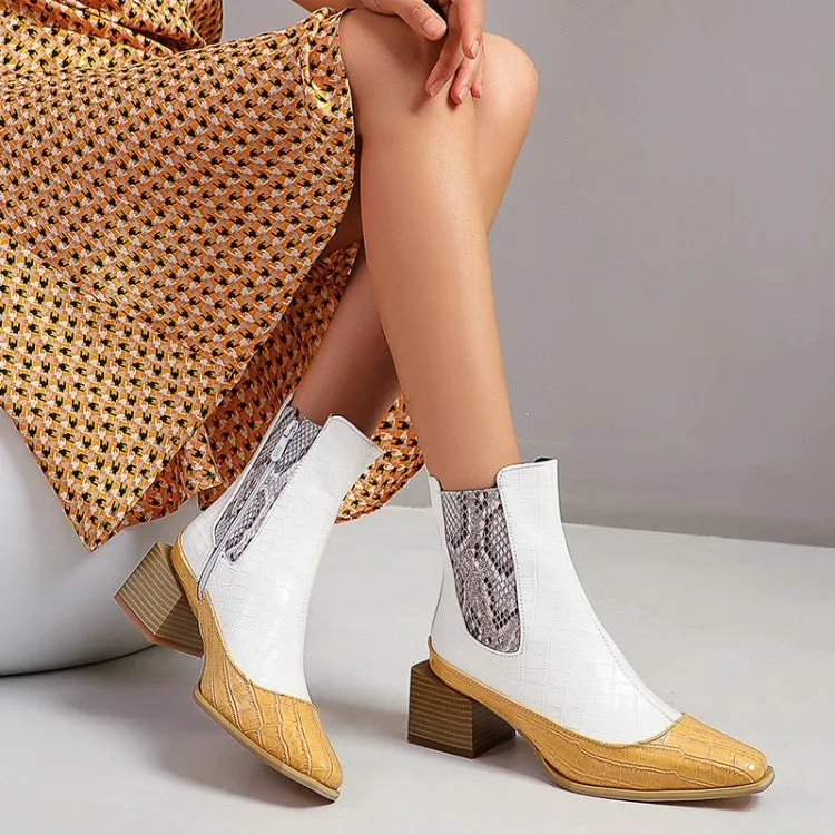 Women's Pattern Pu Leather Patchwork Pointed Toe Block Heel Short Boots