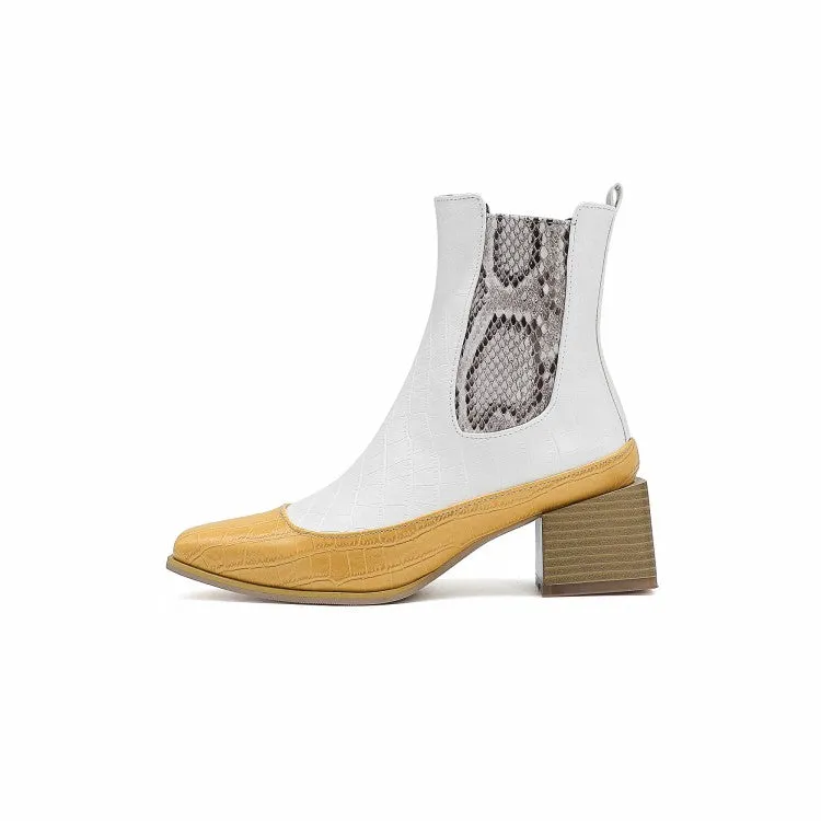 Women's Pattern Pu Leather Patchwork Pointed Toe Block Heel Short Boots