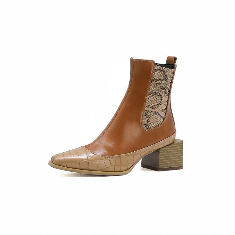 Women's Pattern Pu Leather Patchwork Pointed Toe Block Heel Short Boots