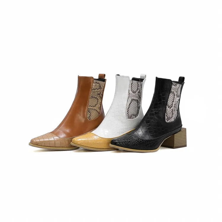 Women's Pattern Pu Leather Patchwork Pointed Toe Block Heel Short Boots
