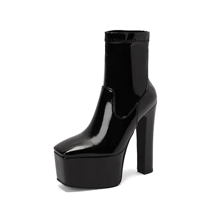 Women's Platform PU Leather Heeled Ankle Boots