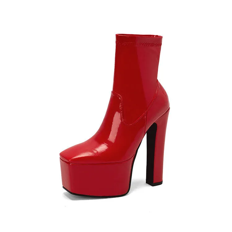 Women's Platform PU Leather Heeled Ankle Boots