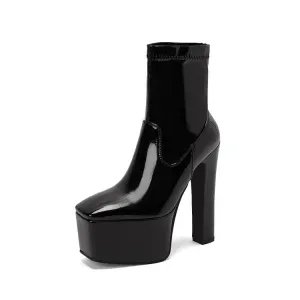 Women's Platform PU Leather Heeled Ankle Boots