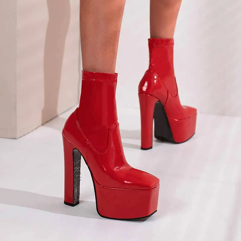 Women's Platform PU Leather Heeled Ankle Boots