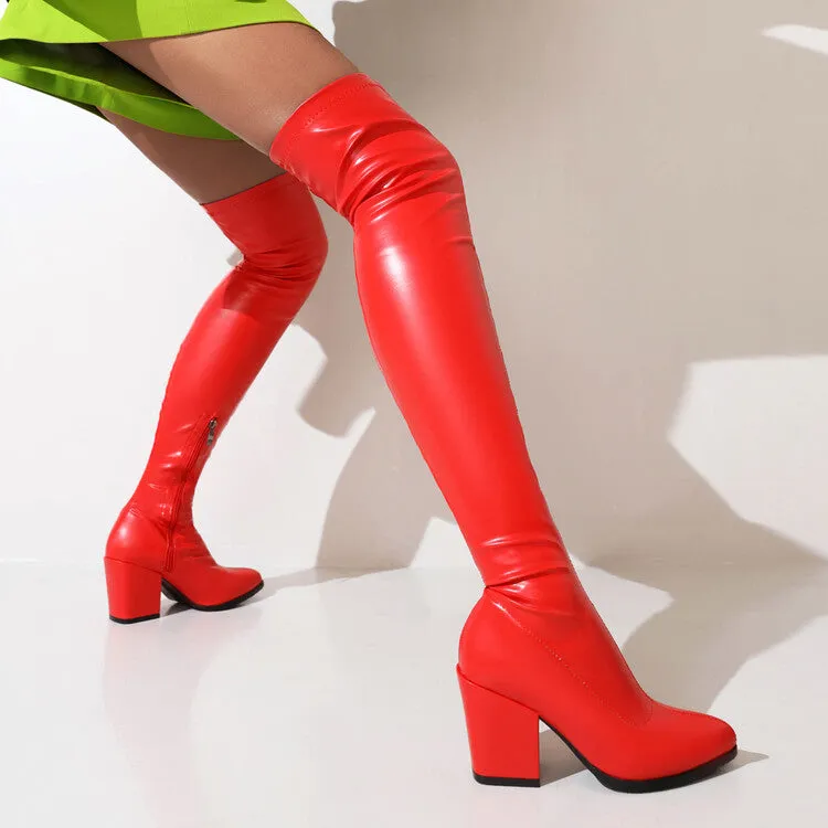 Women's Pu Leather Pointed Toe Side Zippers Block Heel Over the Knee Boots