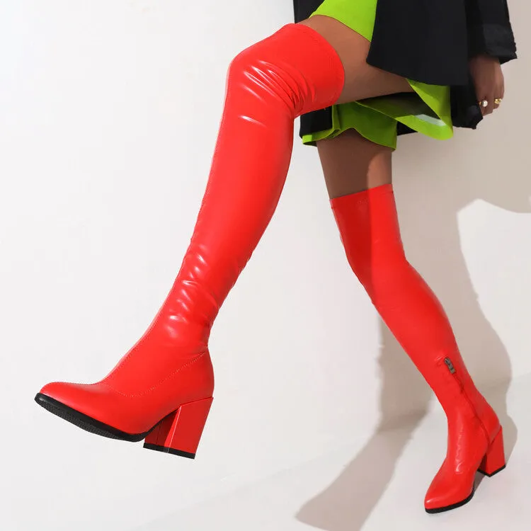 Women's Pu Leather Pointed Toe Side Zippers Block Heel Over the Knee Boots