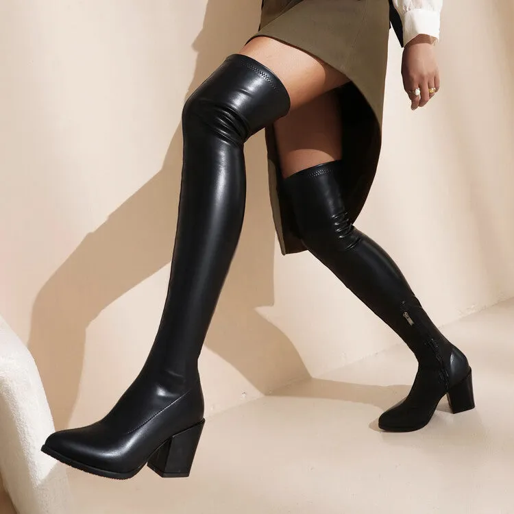 Women's Pu Leather Pointed Toe Side Zippers Block Heel Over the Knee Boots