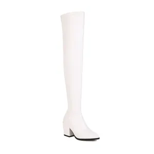 Women's Pu Leather Pointed Toe Side Zippers Block Heel Over the Knee Boots