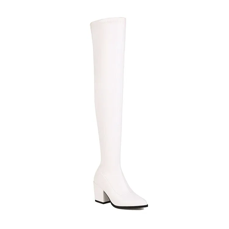 Women's Pu Leather Pointed Toe Side Zippers Block Heel Over the Knee Boots