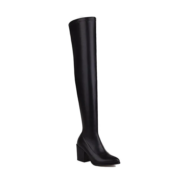 Women's Pu Leather Pointed Toe Side Zippers Block Heel Over the Knee Boots