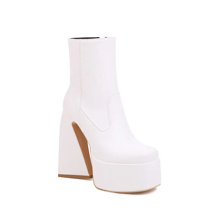 Women's Pu Leather Square Toe Side Zippers Triangle Heel Platform Short Boots
