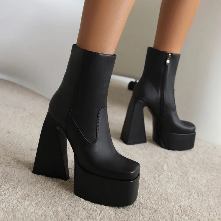 Women's Pu Leather Square Toe Side Zippers Triangle Heel Platform Short Boots