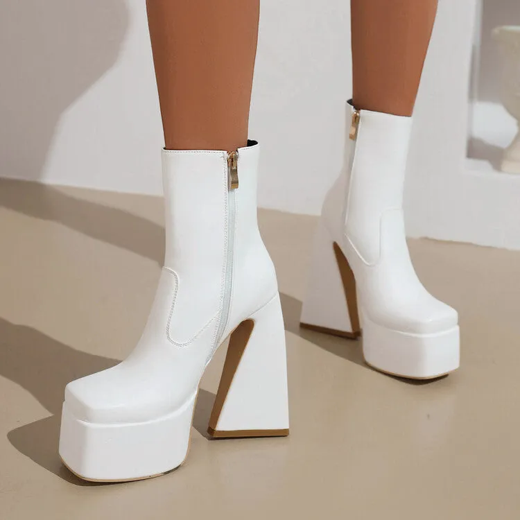 Women's Pu Leather Square Toe Side Zippers Triangle Heel Platform Short Boots