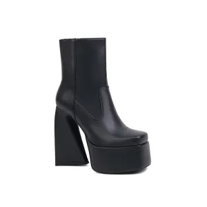 Women's Pu Leather Square Toe Side Zippers Triangle Heel Platform Short Boots