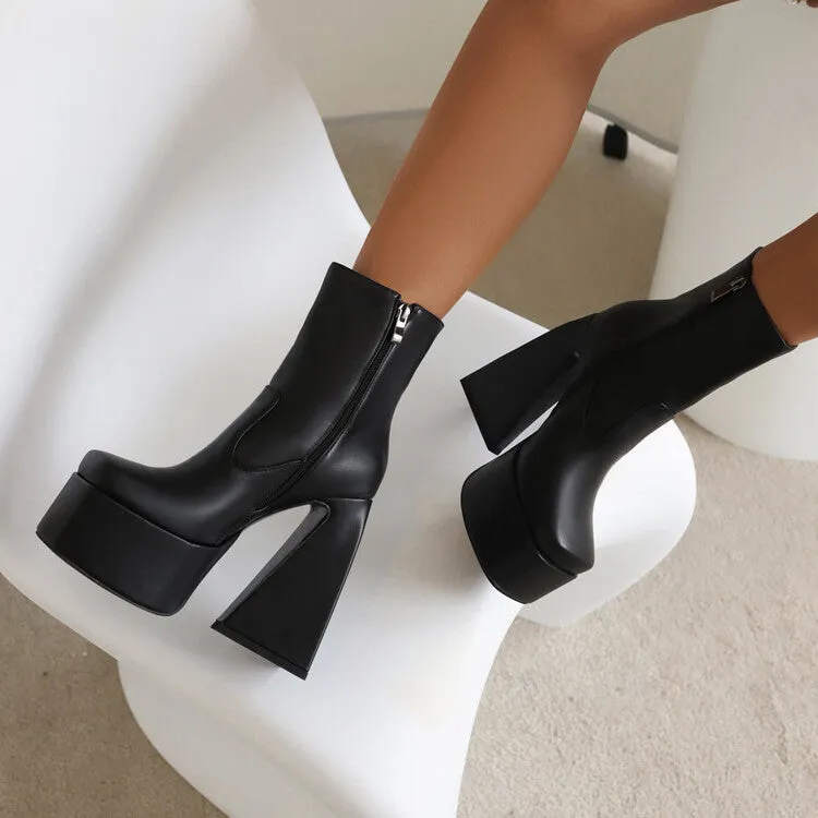 Women's Pu Leather Square Toe Side Zippers Triangle Heel Platform Short Boots