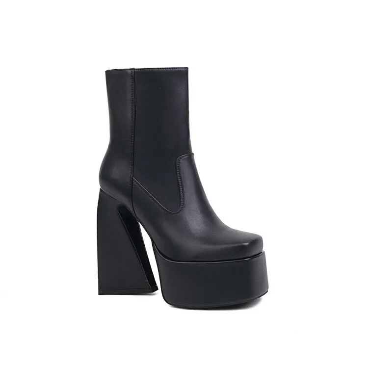 Women's Pu Leather Square Toe Side Zippers Triangle Heel Platform Short Boots