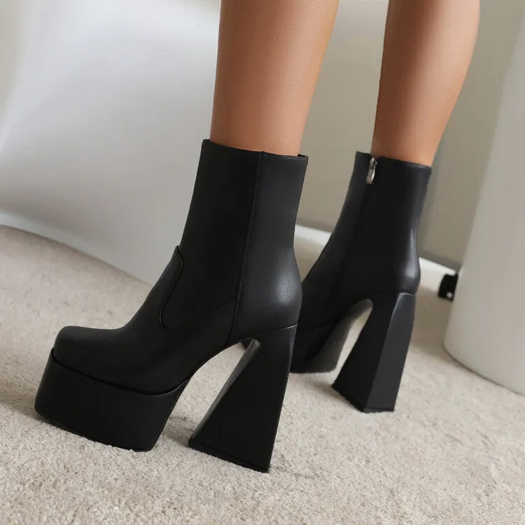 Women's Pu Leather Square Toe Side Zippers Triangle Heel Platform Short Boots