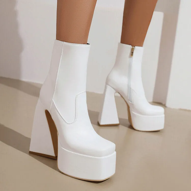 Women's Pu Leather Square Toe Side Zippers Triangle Heel Platform Short Boots
