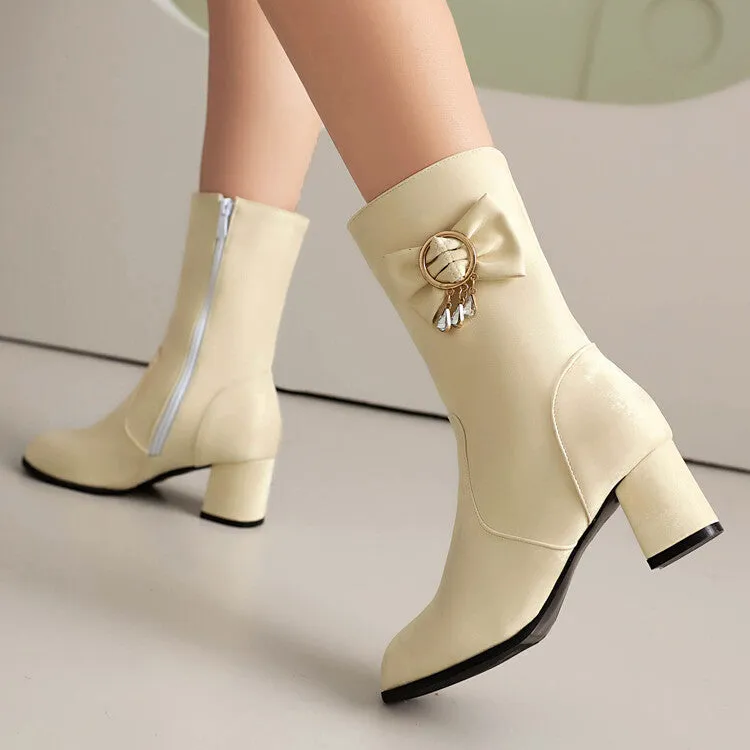 Women's Rhinestone Bows Round Toe Block Heel Mid Calf Boots