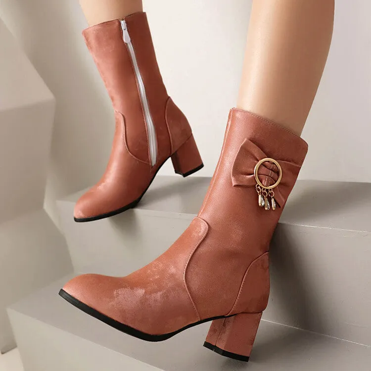 Women's Rhinestone Bows Round Toe Block Heel Mid Calf Boots