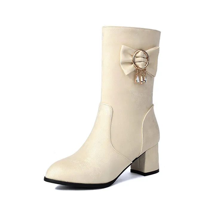 Women's Rhinestone Bows Round Toe Block Heel Mid Calf Boots