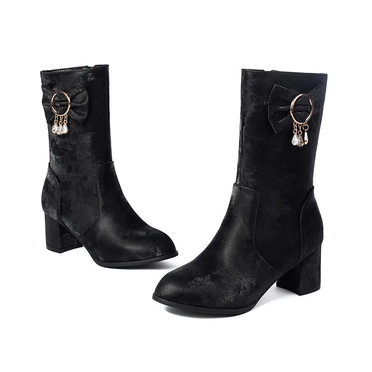 Women's Rhinestone Bows Round Toe Block Heel Mid Calf Boots