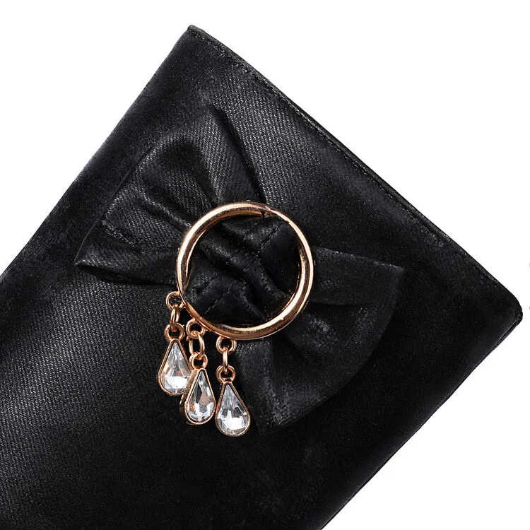 Women's Rhinestone Bows Round Toe Block Heel Mid Calf Boots