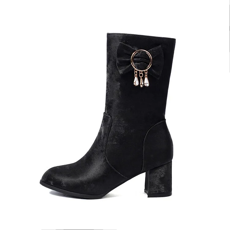 Women's Rhinestone Bows Round Toe Block Heel Mid Calf Boots